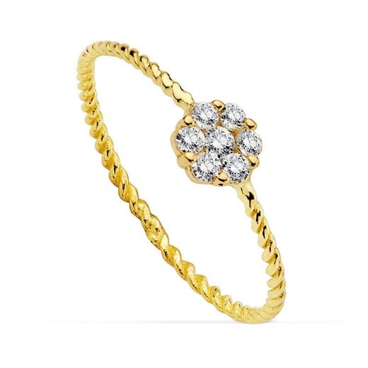 18K Sortija Oro Amarillo Con Cuajo De Circonita Y Cuerpo Rizado 1 Mm