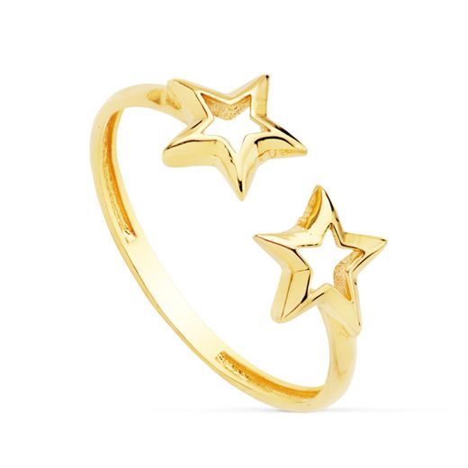 18K Sortija Oro Amarillo Con Dos Estrellas De 6 Mm Abierta Y Ajustable