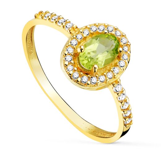 18K Sortija Oro Amarillo Con Olivina Y Circonita Olivina 6X4 Mm 0,47 Qts