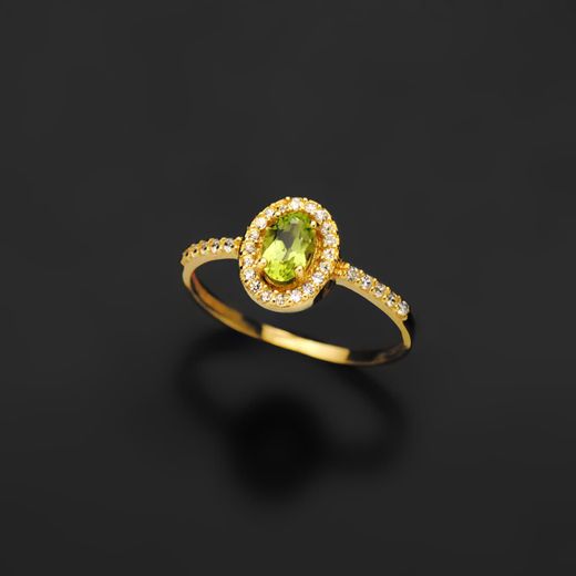 18K Sortija Oro Amarillo Con Olivina Y Circonita Olivina 6X4 Mm 0,47 Qts