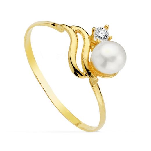 18K Sortija Oro Amarillo Con Perla De 5 Mm Y Circonita. Ancho: 8 Mm