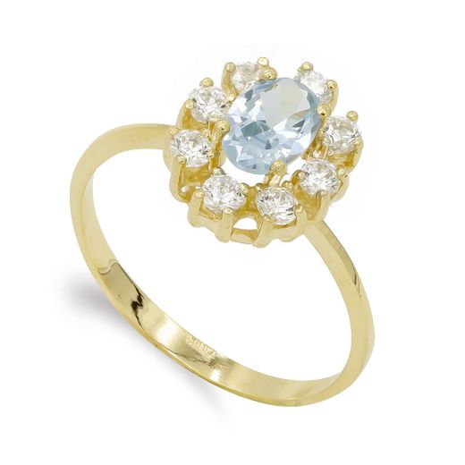 18K Sortija Oro Amarillo Cuajo Aguamarina Y Circonitas. Ancho: 12Mm