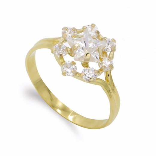 18K Sortija Oro Amarillo Cuajo Circonitas Estrella. Ancho: 11 Mm