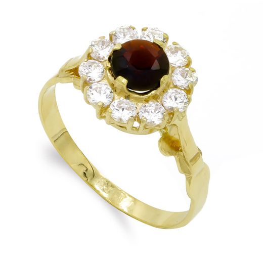 18K Sortija Oro Amarillo Cuajo Granate Y Circonitas. Ancho: 11Mm