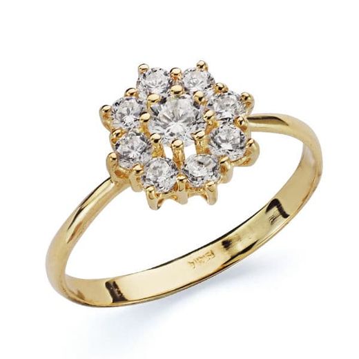 18K Sortija Oro Amarillo Cuajo Piña Con Circonitas. Ancho: 10 Mm