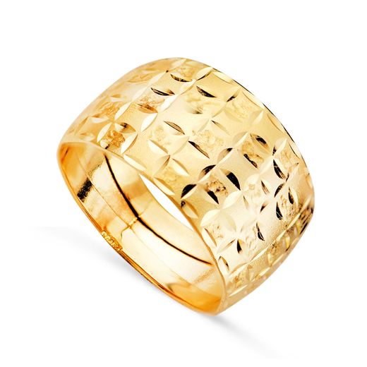 18K Sortija Oro Amarillo Detalles Tallados. Ancho 13 Mm
