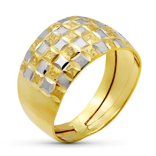 18K Sortija Oro Amarillo Detalles Tallados. Ancho 13 Mm