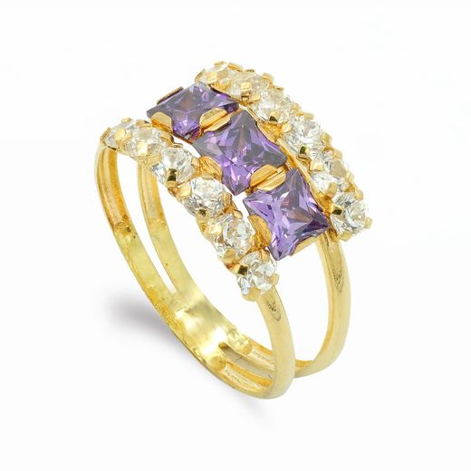 18K Sortija Oro Amarillo Doble Cuerpo Con Circonita Amatista Y Blancas. Ancho: 10 Mm