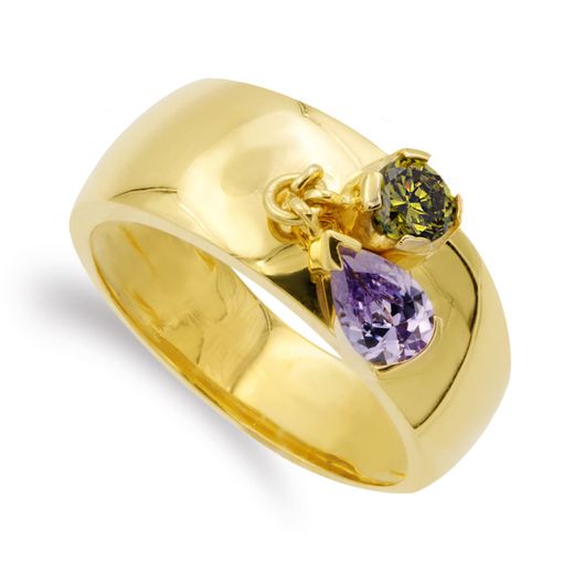 18K Sortija Oro Amarillo Dos Piedras Color Amatista Y Olivina. Ancho: 8,5 Mm