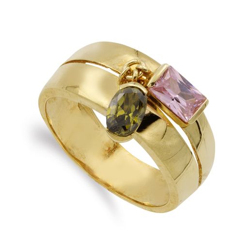 18K Sortija Oro Amarillo Dos Piedras Rosa Y Verde. Ancho: 9 Mm