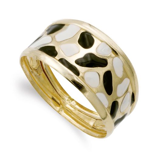 18K Sortija Oro Amarillo Esmaltada Marfil Y Negro. Ancho: 11 Mm