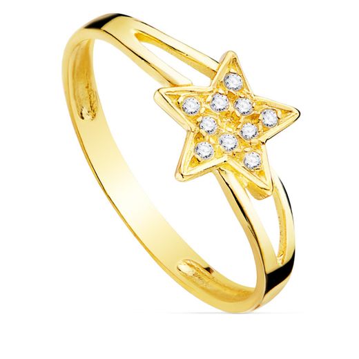18K Sortija Oro Amarillo Estrella Con Circonita 12X8 Mm. Ancho 8 Mm