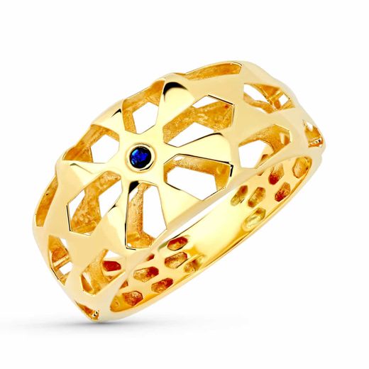 18K Sortija Oro Amarillo Filigrana Calada Con Zafiro Natural. Ancho: 10 Mm