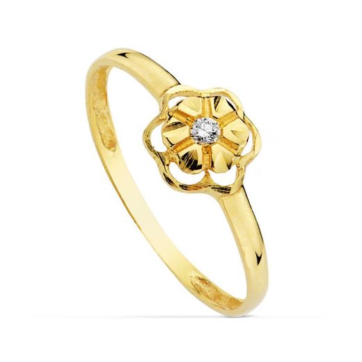 18K Sortija Oro Amarillo Flor Calada Con Circonita. Ancho: 6,5 Mm