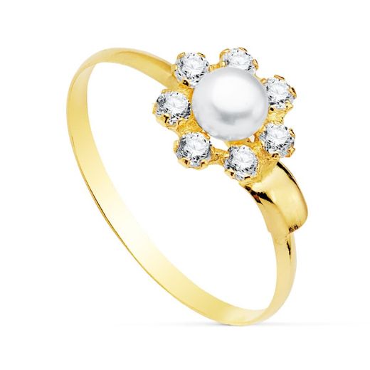 18K Sortija Oro Amarillo Flor Calada Con Perla De 4 Mm. Ancho: 8 Mm