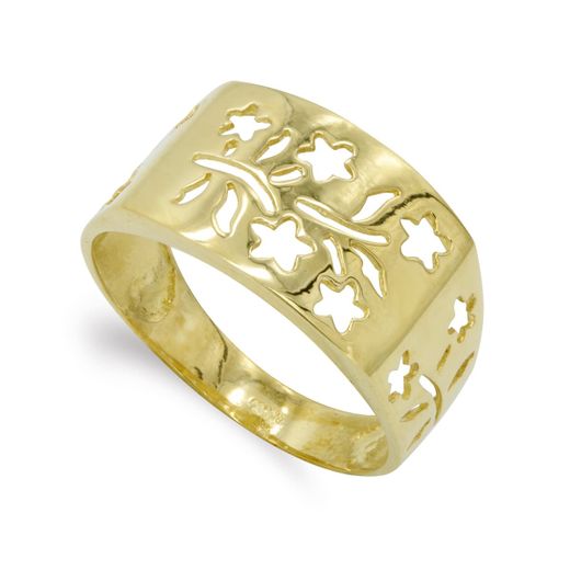 18K Sortija Oro Amarillo Flores Caladas En Brillo. Ancho: 11Mm