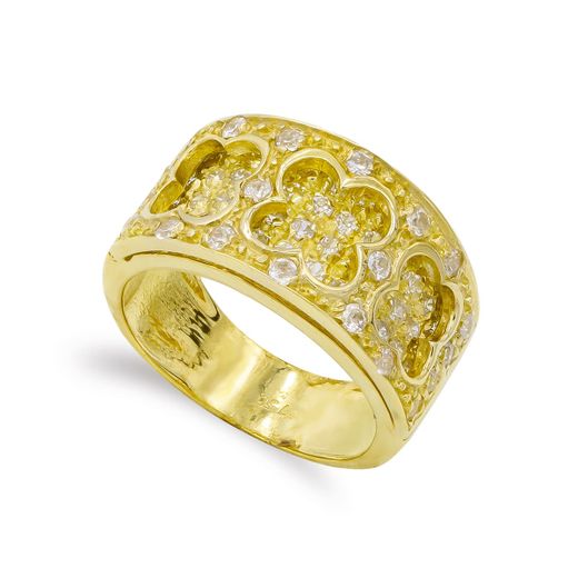 18K Sortija Oro Amarillo Flores Caladas Y Circonitas. Ancho: 11,5 Mm