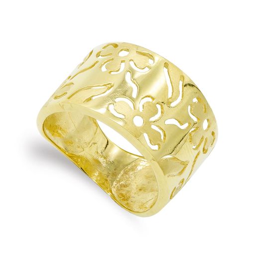 18K Sortija Oro Amarillo Flores Mate Y Brillo. Ancho: 13Mm