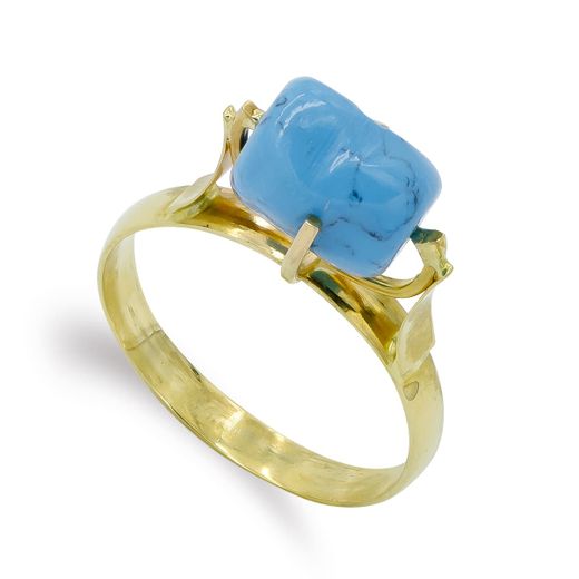 18K Sortija Oro Amarillo Garras Con Turquesa De 9X7 Mm.