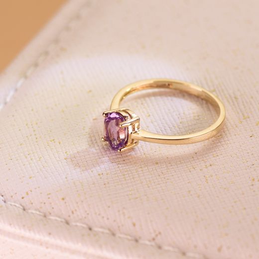 18K Sortija Oro Amarillo Garras Piedra Amatista 7 X 5Mm Ancho Cuerpo 2Mm