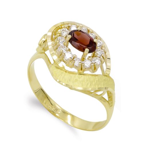 18K Sortija Oro Amarillo Granate 6X4 Mm Con Circonitas. Ancho: 13 Mm