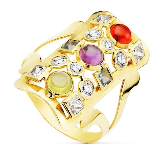 18K Sortija Oro Amarillo Lanzadera Circonita Colores. Ancho 23X12 Mm