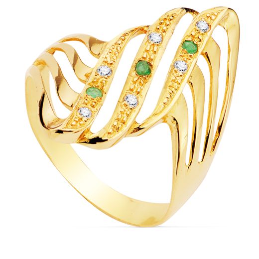 18K Sortija Oro Amarillo Lanzadera Con Circonita Y Esmeraldas. Ancho 24 Mm