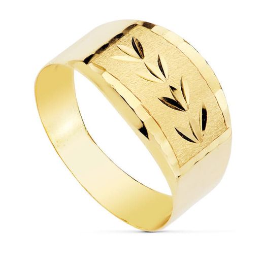 18K Sortija Oro Amarillo Lapidada Bordes Tallados. Ancho: 8 Mm