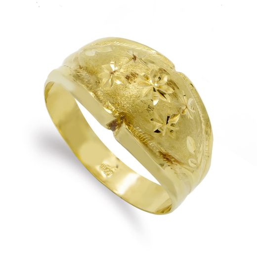 18K Sortija Oro Amarillo Lapidada Y Tallada. Ancho: 11Mm