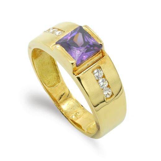 18K Sortija Oro Amarillo Maciza Circonita Amatista Cuadrada 5 X 5 Mm. Ancho: 7 Mm
