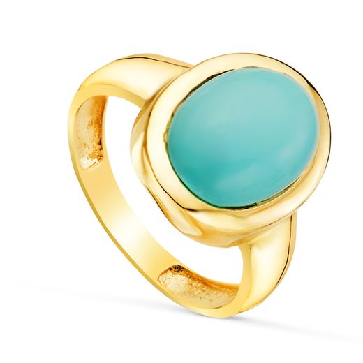 18K Sortija Oro Amarillo Maciza Con Turquesa Fina Oval De 14X10 Mm