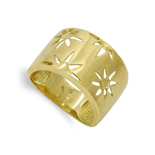 18K Sortija Oro Amarillo Maciza Flores Caladas Matizada. Ancho: 13,5Mm