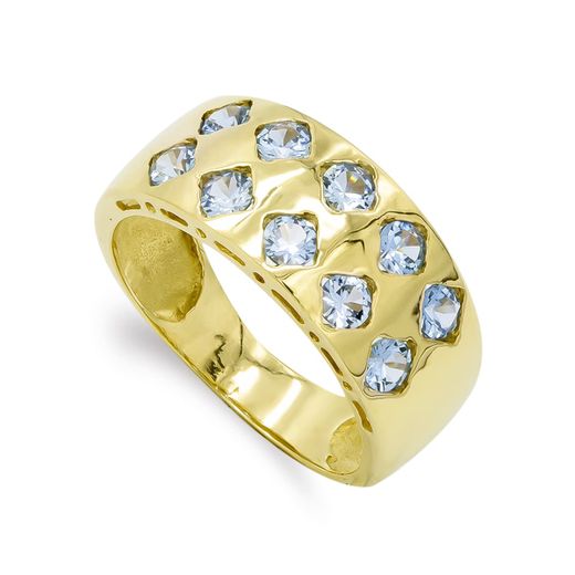 18K Sortija Oro Amarillo Macizo Con Circonita Aguamarina. Ancho 8 Mm