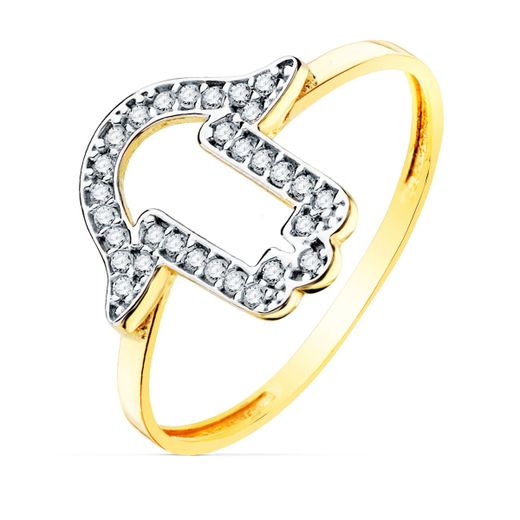 18K Sortija Oro Amarillo Mano Fatima Circonita 13X13 Mm Ancho Cuerpo 1.2 Mm