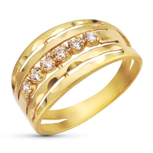 18K Sortija Oro Amarillo Mate Y Brillo Calada Con Circonitas. Ancho: 10,5 Mm