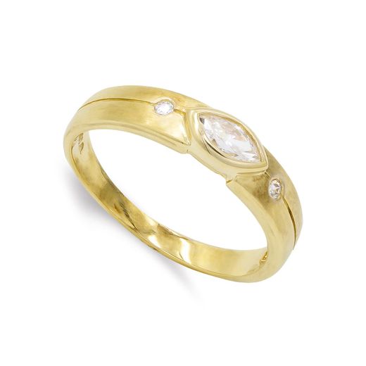 18K Sortija Oro Amarillo Mate Y Brillo Con Circonitas. Ancho: 4,5 Mm