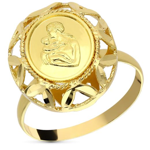 18K Sortija Oro Amarillo Moneda Madre Oval Hojas Talladas. Ancho: 16,5 Mm