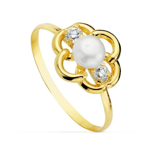 18K Sortija Oro Amarillo Motivo Con Perla 4Mm Y Circonitas. Ancho: 9,5 Mm