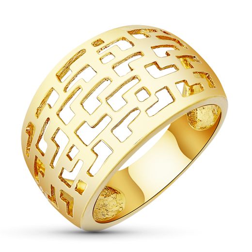 18K Sortija Oro Amarillo Motivos Calados En Brillo. Ancho: 14 Mm