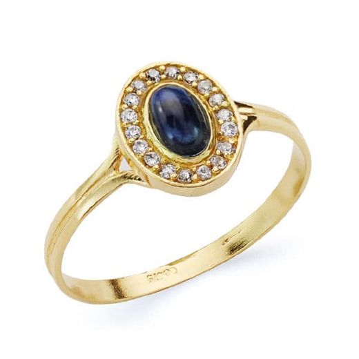 18K Sortija Oro Amarillo Oval Con Circonitas Y Piedra Azul. Medida: 9X7 Mm