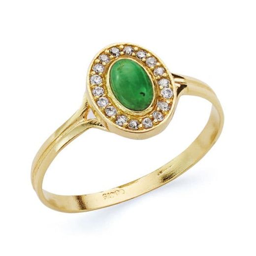 18K Sortija Oro Amarillo Oval Con Circonitas Y Piedra Verde. Medida: 9X7 Mm