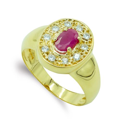 18K Sortija Oro Amarillo Oval Con Piedra Y Circonitas. Ancho: 13,5 Mm