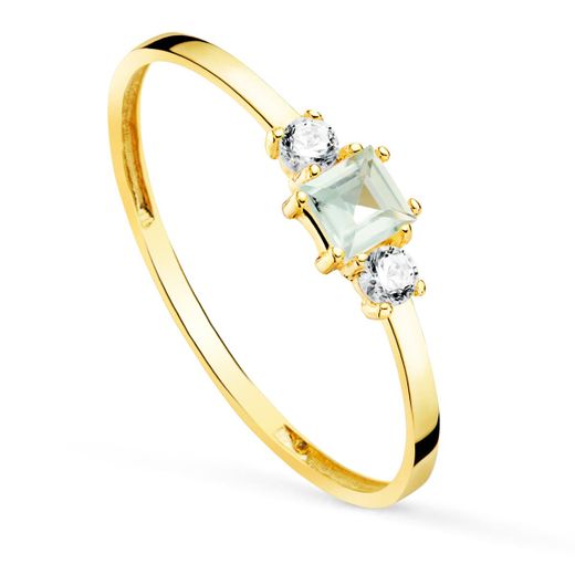 18K Sortija Oro Amarillo Piedra Aguamarina Y Circonita Ancho Cuerpo 1.5 Mm