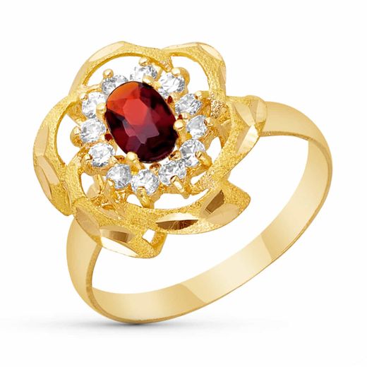 18K Sortija Oro Amarillo Piedra Granate Y Circonitas