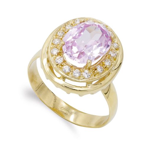 18K Sortija Oro Amarillo Piedra Rosa 10X8 Mm Y Circonitas. Medida: 17 X 15 Mm
