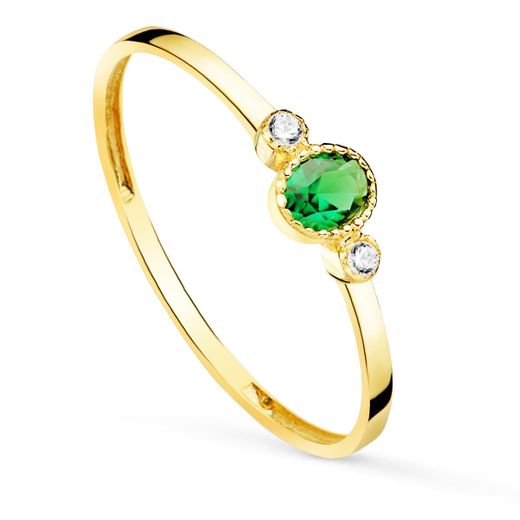 18K Sortija Oro Amarillo Piedra Verde Y Circonita 4X3 Mm Ancho Cuerpo 1.2 Mm