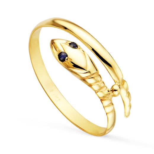 18K Sortija Oro Amarillo Serpiente 1 Vuelta Con Ojos Circonita Azules.