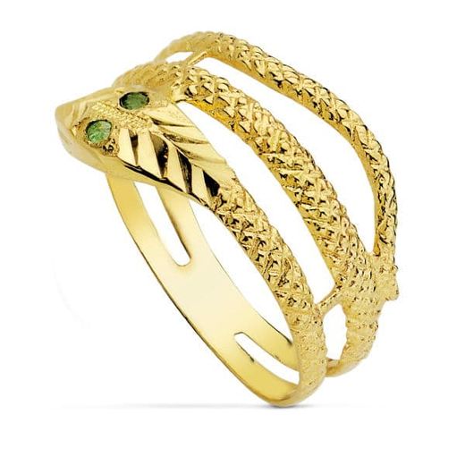 18K Sortija Oro Amarillo Serpiente 2 Vueltas Ojos Esmeraldas. Ancho: 10 Mm