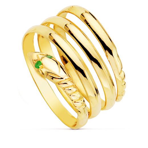 18K Sortija Oro Amarillo Serpiente Cuerpo 3 Vueltas Ojos Esmeraldas