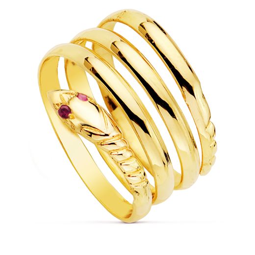 18K Sortija Oro Amarillo Serpiente Cuerpo 3 Vueltas Ojos Rubi